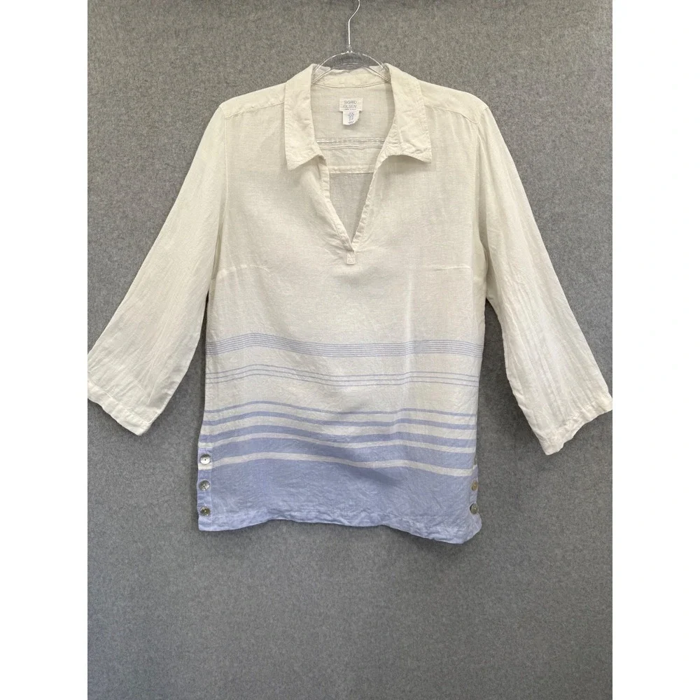 Sigrid Olsen Tunic Top Womens Medium White Blue Striped Linen 3/4 Sleeve‎ V-Neck